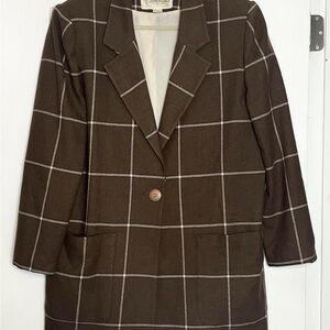 VTG 80s John Meyer Wool Blend Windowpane Plaid Blazer Jacket Size 14 Brown White